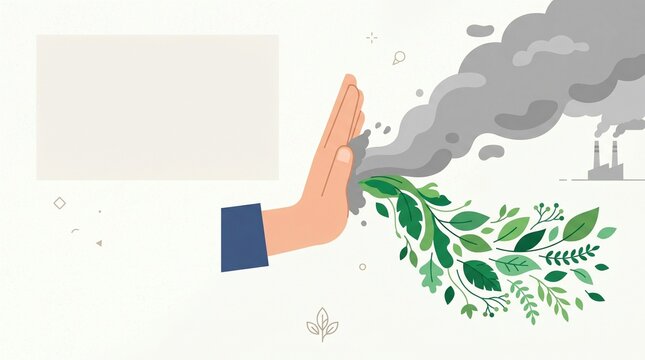 A hand stopping pollution and promoting the growth of green leaves, symbolizing environmental protection.
