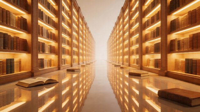 Library corridor with bookshelves and open book