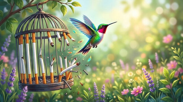 Hummingbird escaping a cigarette-filled cage and flying free in a beautiful garden. A visual metaphor for freedom from addiction