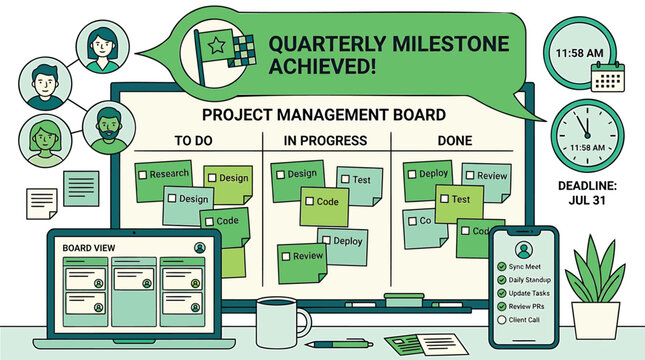 Project management board, quarterly milestone achieved, business productivity, workflow organization, Kanban style