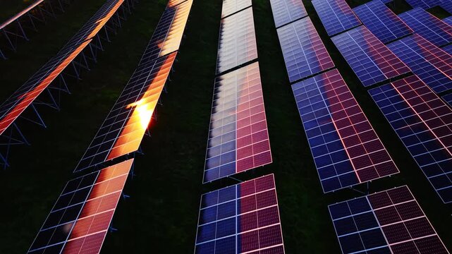 Abstract view of photovoltaic modules in rows with strong orange light reflection from the setting sun. Close up of solar panels sunset light. Aerial.