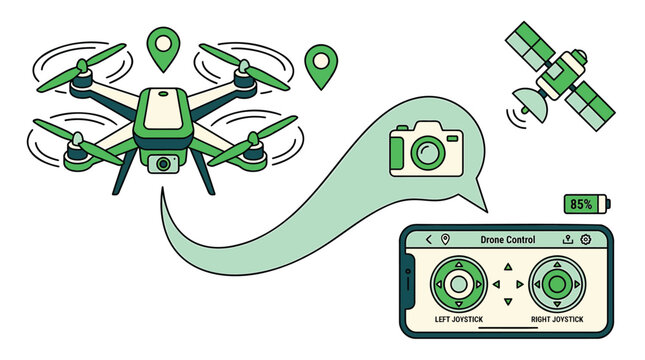 Drone, aerial photography, satellite, navigation icons, technology vector graphics