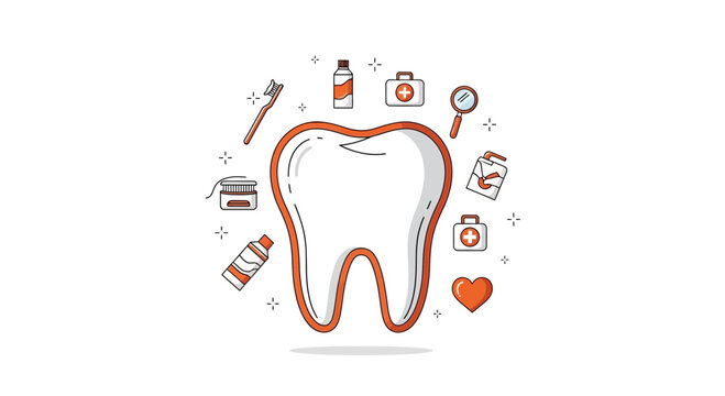 Dental Health Illustration Showcasing Teeth Care Tools and Elements on White Background