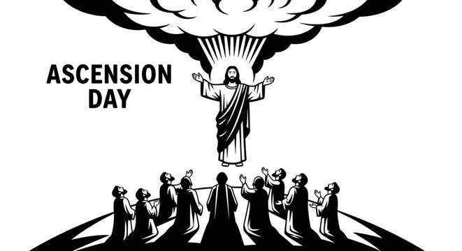 Monochrome vector illustration portraying the sacred Christian observance of Ascension Day, with Jesus Christ ascending towards heaven as his devoted disciples gaze upwards in devotion and wonder