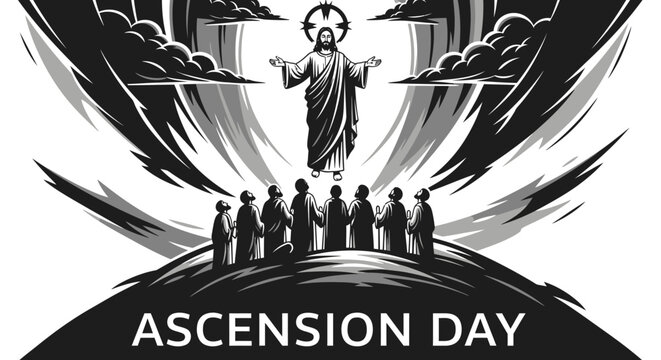 Monochrome Illustration of the Ascension of Jesus Christ with His Disciples Observing