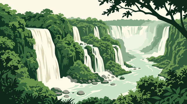 Green forest landscape with waterfalls, river, rocks and mountains under open sky