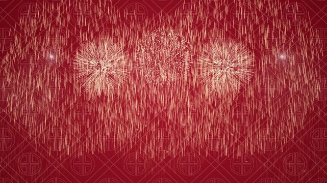 Chinese new year fireworks display on traditional red pattern background motion graphic.