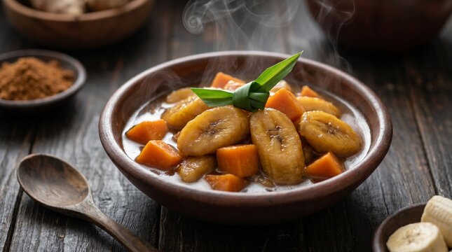 Indonesian Kolak Pisang Ubi Sweet Soup with Steam and Pandan Leaf