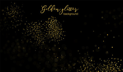 Glitter background dust with gold golden light and effect shine sparkle. Vector glow confetti with magic abstract holiday and luxury star texture. Shiny black glitter with stardust bright gold. © Shanvood