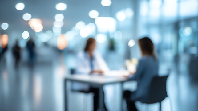 A blurred meeting between a doctor and a patient in a modern healthcare office, symbolizing patient care and consultations.