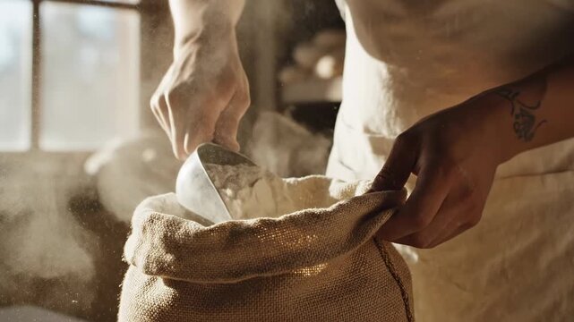 This shows a baker pouring flour from a burlap sack into a mixing bowl in a rustic kitchen. The scene is well-lit with natural light pouring in through a window, highlighting the texture of the flour