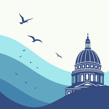Blue illustration of capitol building with flying birds
