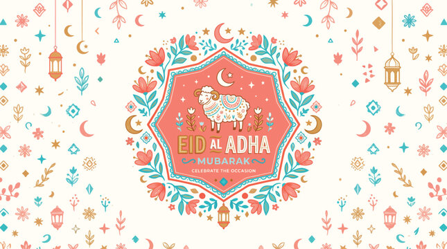 Eid al adha celebration illustration with sheep and crescent moon
