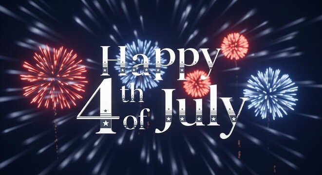 Happy 4th of July text with red and blue fireworks exploding in a dark night sky, patriotic celebration concept, festive holiday graphic design