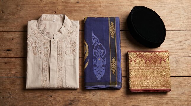 Traditional Men Muslim Outfit Flat Lay on Wooden Table