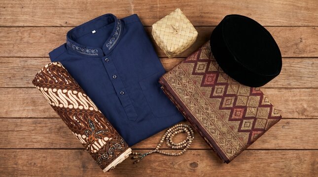 Navy Blue Men Muslim Shirt and Batik Sarong for Eid Holiday