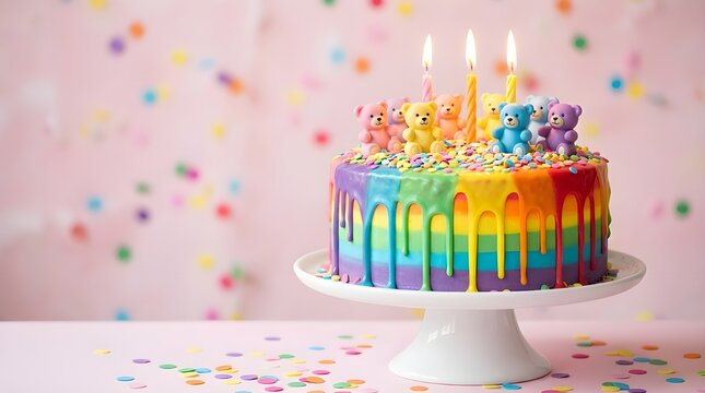 A colorful birthday cake with rainbow icing, drizzles, and teddy bear candles, adorned with sprinkles, set against a pink backdrop with confetti