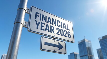 Obraz premium Financial Year 2026 road sign indicating future financial goals against city skyline