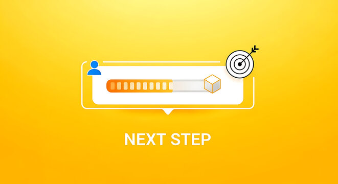 Progress Bar Illustration with User Profile and Target Goal Icon, Representing Task Completion and Future Steps on a Gradient Background