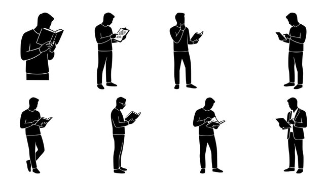 Eight reading man silhouette vector set standing poses education illustration pack