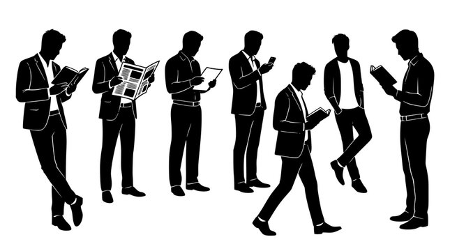 Eight male reading pose silhouettes vector set standing man reading book illustration