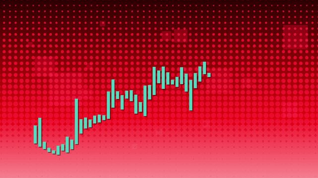 Animated financial candlestick chart showing upward trend with red dotted gradient background.