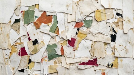 Naklejka premium Torn paper fragments on white wall distressed texture background