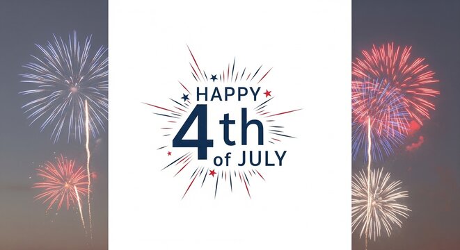 Happy 4th of July fireworks display with patriotic text graphic and exploding pyrotechnics in the night sky, celebrating American Independence Day with vibrant bursts of red, white, and blue light.