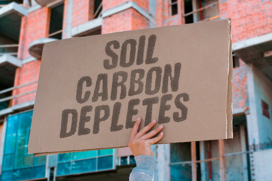 "Soil Carbon Depletes" Industrial farming practices release stored soil carbon into the atmosphere while degrading crop potential. INDUSTRIAL. PRACTICES. STORED. ATMOSPHERE. DEGRADING.