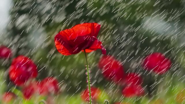 Single red poppy with water sprays