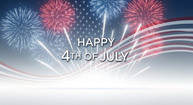 Festive Fourth of July celebration with red, white, and blue fireworks exploding in the night sky behind a waving American flag and the text Happy 4th of July, creating a patriotic holiday atmosphere.