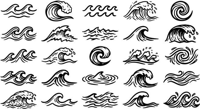 Ocean Waves Line Art Vector Icons. Hand-Drawn Black and White Water Wave Glyphs Set for Marine, Nature, and Sea-Themed Designs.