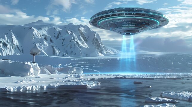 Hovering saucer emits bright blue light above icy waters. Snow-capped mountains loom behind the alien craft. The scene evokes awe and mystery, blending sci-fi with nature
