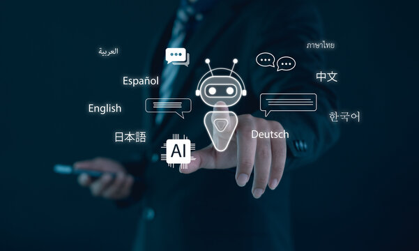 AI language translation and chatbot interface concept with multilingual communication icons, representing artificial intelligence, real time translation, smart digital interaction.