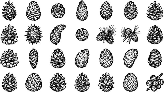 Black and White Line Art Collection of Various Pine Cones and Pine Sprigs
