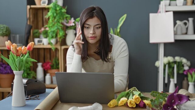 Woman florist in a flower studio leans over laptop, hand holding smartphone to ear while arranging yellow tulips on counter; focused small business.