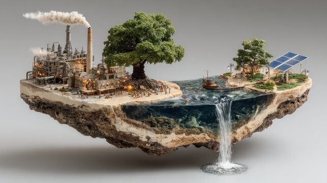 Diorama depicting the contrasting impacts of industrialization and renewable energy on the