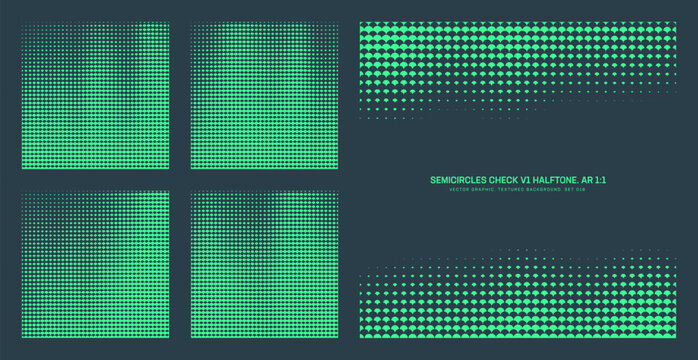 Assorted vector retro styled checkered semi circle scales mint green halftone pattern set in square 1:1 aspect ratio including faded border and various fluid textures. Varied half tone design elements