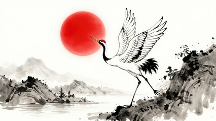 Obraz premium Red Sun Rising over Misty Mountains Illustration