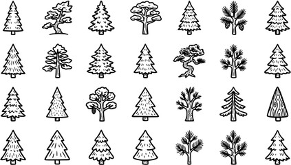 Nature and Environment Black and White Line Art Icon Set of Various Hand-drawn Trees. Featuring Evergreen, Conifer, Pine, Fir, and Deciduous Forest Plants. © pixsource