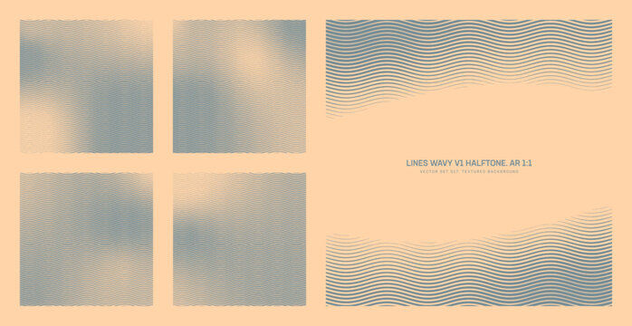 Assorted vector horizontal wavy lines striped beige pale blue halftone pattern set in square 1:1 aspect ratio including smooth frame and various fluid textures. Varied half tone design elements bundle