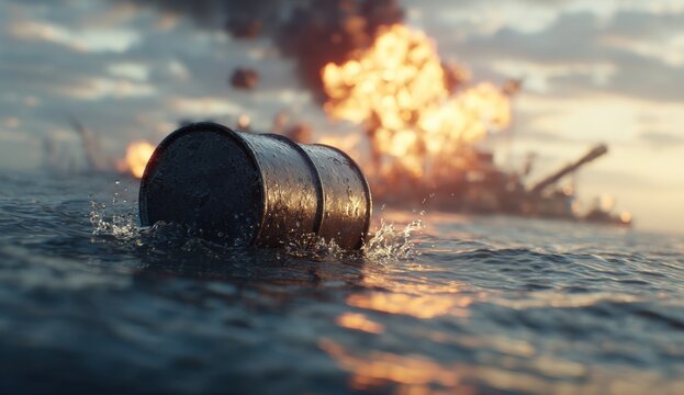 Oil barrel floating on water with an explosion in the background, intense scene of maritime environmental hazard and disaster