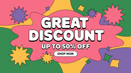 Fototapeta premium Colorful abstract banner with discount text and starburst shapes promotional design high quality professional detailed modern