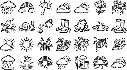 Spring Season Icons Set: Raindrops, Rainbows, Sun, Flowers, Frogs, Boots, Snails, Birds, Clouds - Black and White Line Art © pixsource