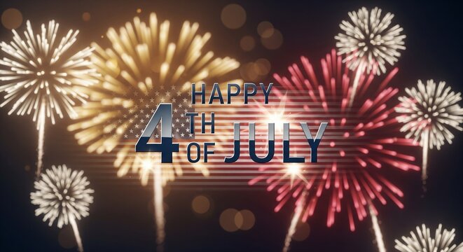Happy 4th of July text overlay with American flag and colorful fireworks exploding in the night sky, festive celebration concept, patriotic holiday background