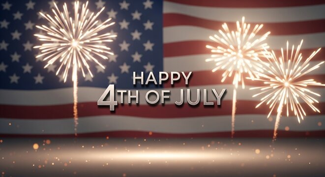 Happy 4th of July text overlay with fireworks exploding in front of a blurred American flag background, celebrating Independence Day with patriotic celebration and festive illumination.