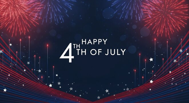 Happy 4th of July text with red and blue fireworks exploding in the night sky and abstract patriotic graphic elements with stars and light streaks, festive celebration background
