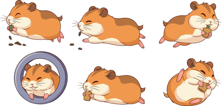 &ldquo;Adorable cartoon hamsters in playful poses eating seeds, running, and sitting inside wheel vector illustration collection design&rdquo;