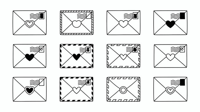 Collection of twelve black and white envelope icons with heart and mail symbols high quality professional