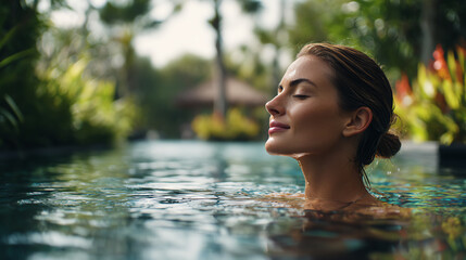 Fototapeta premium A serene woman enjoying tranquility in a tranquil pool surrounded by lush greenery. A moment of peace and relaxation.